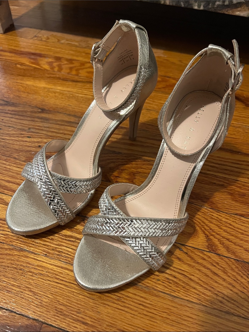 Kelly & Katie Metallic Silver Braided-Strap Ankle Heels